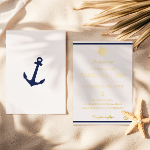Nautic Navy Blue Anchor Wedding Gold Folieneinladung