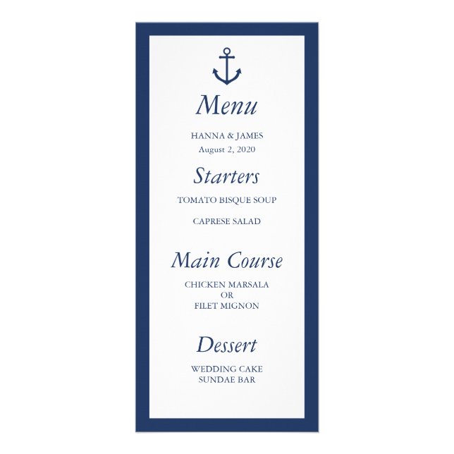 Nautic Navy Blue Anchor Wedding Menu Werbekarte (Vorne)