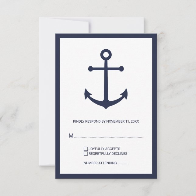 Nautic Navy Blue Anchor Wedding RSVP Karte (Vorderseite)