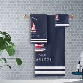 Nautic Navy Blue and White Sailboat Lake Life Badhandtuch Set