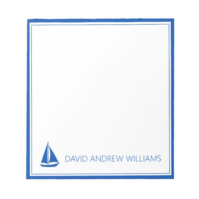Nautic Navy Blue and White Sailboat Personalisiert Notizblock (Vorderseite)