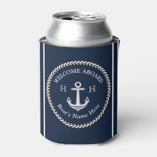 Nautic Navy Blue Boat Name Anchor Rope Dosenkühler (Kanne Vorderseite)