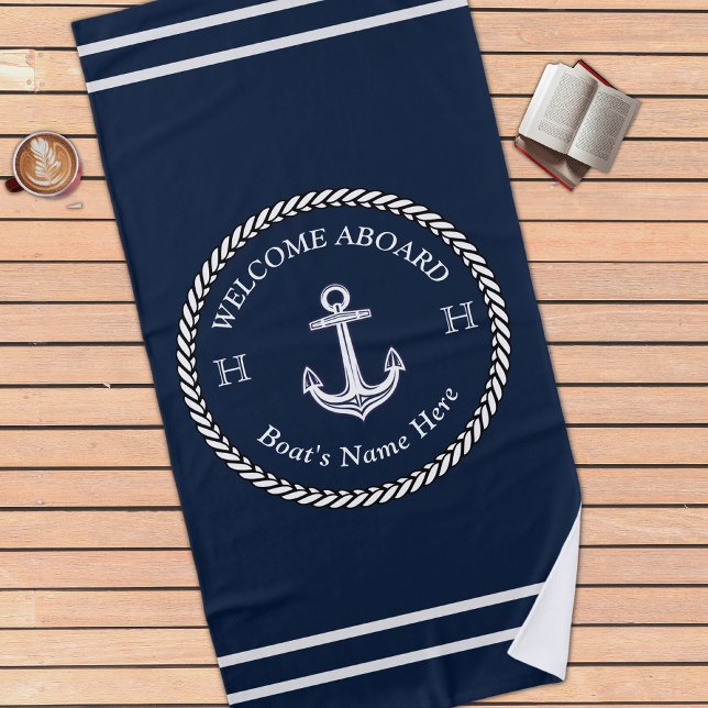 Nautic Navy Blue Boat Name Anchor Rope Strandtuch (Von Creator hochgeladen)