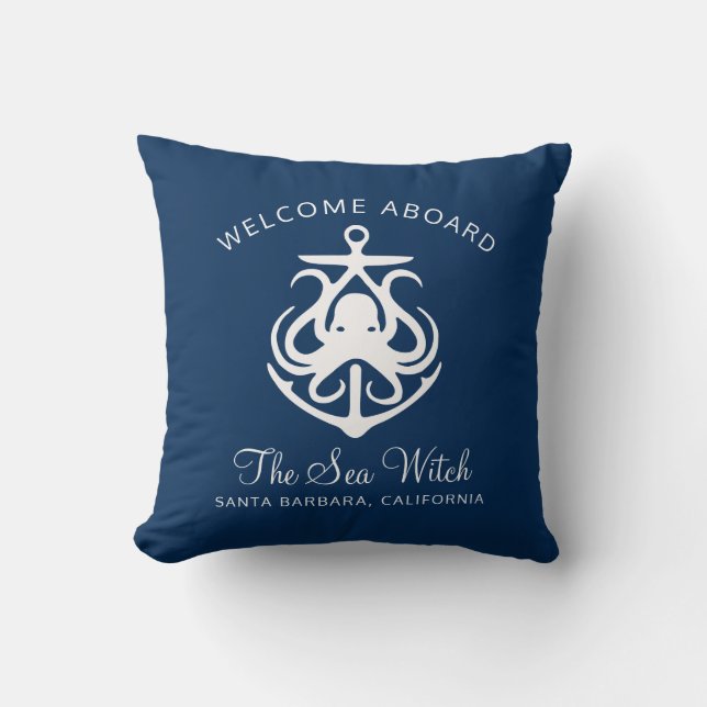 Nautic Navy Blue Boat Name Throw Kissen (Vorderseite)