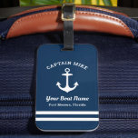 Nautic Navy Blue Custom Captain Boat Name Gepäckanhänger<br><div class="desc">Das Nautic Custom Gepäck Tag verfügt über einen Bootanker im Küstenstil mit stilvollem Typografie-Design. Personalisieren Sie den Text mit dem Namen des Kapitäns,  dem Namen des Bootes und der Position. Ein einzigartiges Geschenk für Bootsbesitzer. Die Farbe Blau und Weiß der klassischen Marine kann geändert werden.</div>