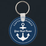 Nautic Navy Blue Custom Captain Boat Name Schlüsselanhänger<br><div class="desc">Das Round nautical Schlüsselanhänger Design zeichnet sich durch ein schlichtes,  stilvolles marineblau-weißes Küstendesign mit Bootanker-Akzent aus. Personalisieren Sie den benutzerdefinierten Text mit dem Namen des Bootes und Bootes Eigentümer / Kapitän,  Standort oder andere bevorzugte Formulierung.</div>