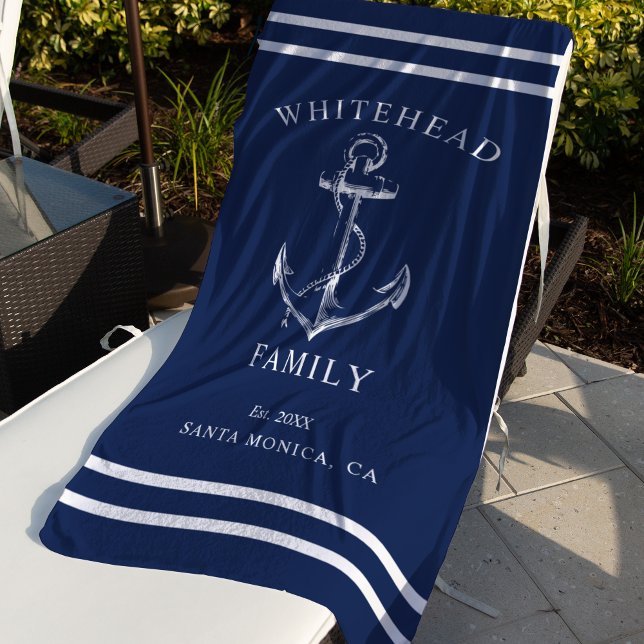 Nautic Navy Blue Custom Family Anchor Strandtuch (Nautical anchor custom family vacation towel. Personalize each towel with your details.)