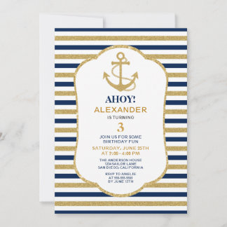 Nautic Navy Blue Gold Anchor Geburtstagsparty Einladung