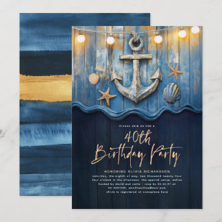 Nautic Navy Blue & Gold Anchor Geburtstagsparty Einladung