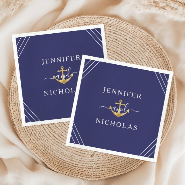 Nautic Navy Blue Gold Anchor Hochzeit Serviette (Nautical Navy Blue Gold Anchor Wedding Napkins)