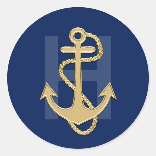 Nautic Navy Blue Gold Anchor MONOGRAM Hochzeit Runder Aufkleber (Vorderseite)