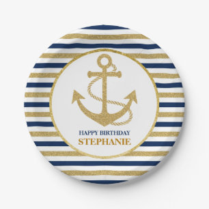 Nautic Navy Blue Gold Anchor Pappteller