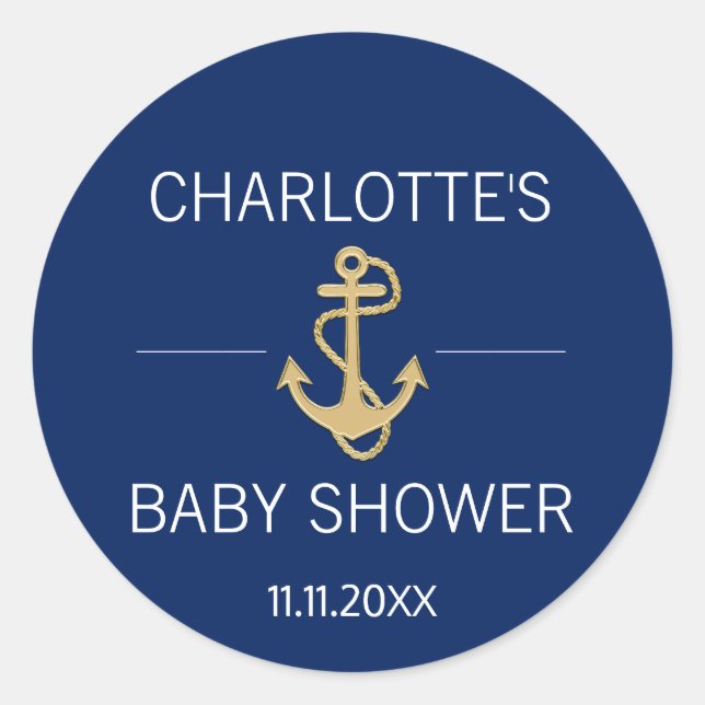Nautic Navy Blue Gold Anchor White BABY SHOWER Runder Aufkleber (Vorderseite)