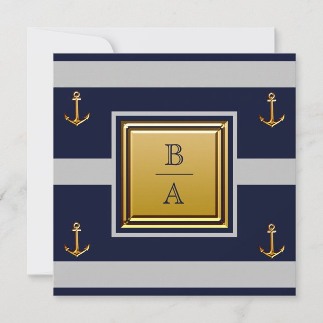 Nautic Navy Blue Gray Stripes Anchor Wedding Inv Einladung (Vorderseite)