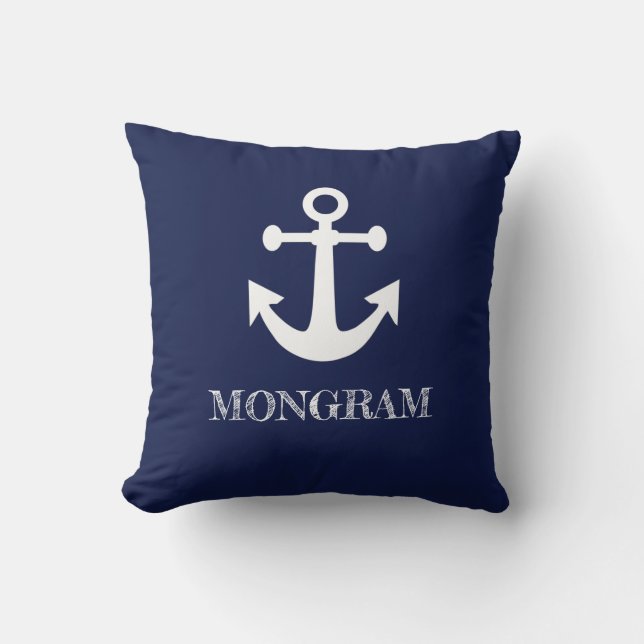 Nautic Navy Blue Streifen Boat Name Anchor Kissen (Vorderseite)
