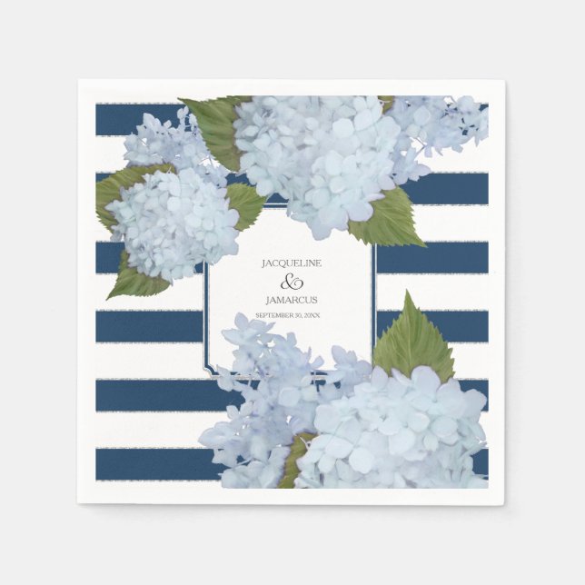 Nautic Navy Blue Striped Hydrangea Floral Serviette (Vorderseite)