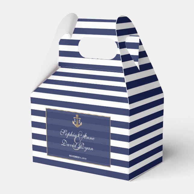 Nautic Navy Blue Stripes Gold Anker Hochzeit Geschenkschachtel (Vorderseite)