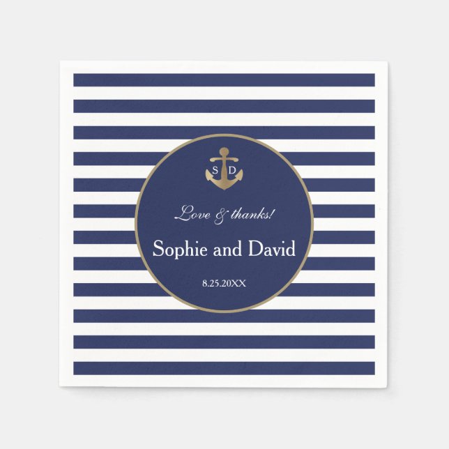 Nautic Navy Blue Stripes Gold Anker Hochzeit Serviette (Vorderseite)