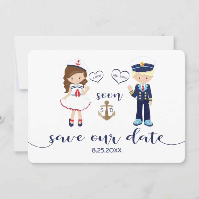 Nautic Navy Blue Stripes Gold Save the Date (Vorderseite)