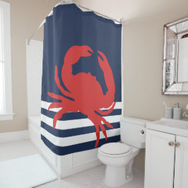 Nautic Navy Blue Stripes Red Crab Duschvorhang