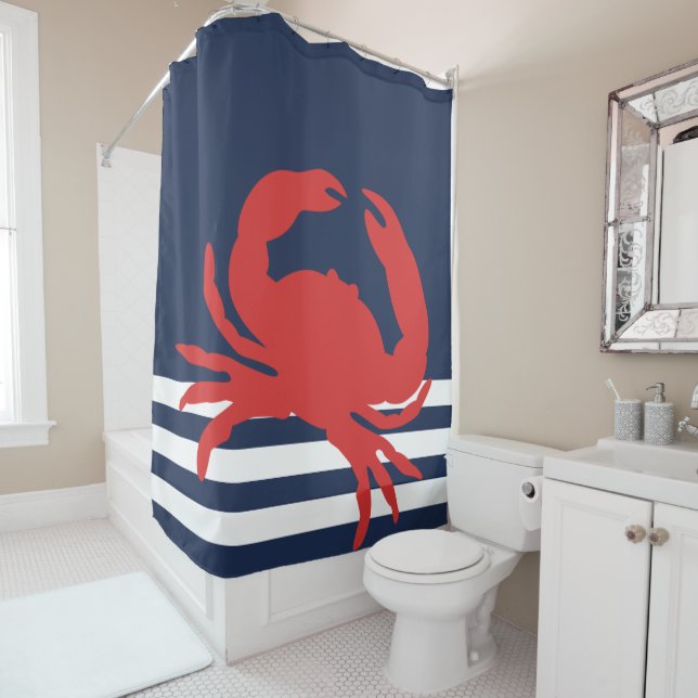 Nautic Navy Blue Stripes Red Crab Duschvorhang (Beispiel)