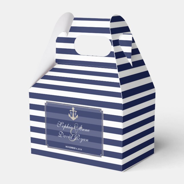 Nautic Navy Blue Stripes Silver Wedding Geschenkschachtel (Vorderseite)