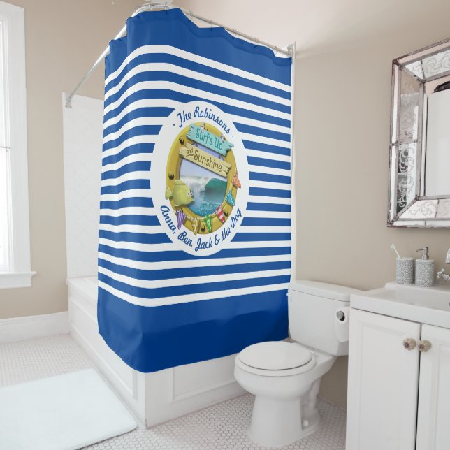 Nautic Navy Blue Striping Beach Hütte Sommerdesign Duschvorhang (Beispiel)