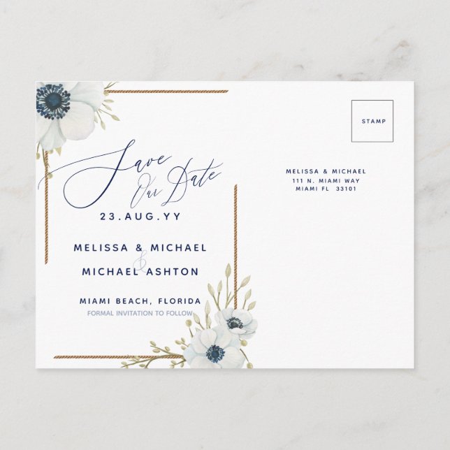Nautic Navy Blue und White Save the Date Announ Ankündigungspostkarte (Rückseite)