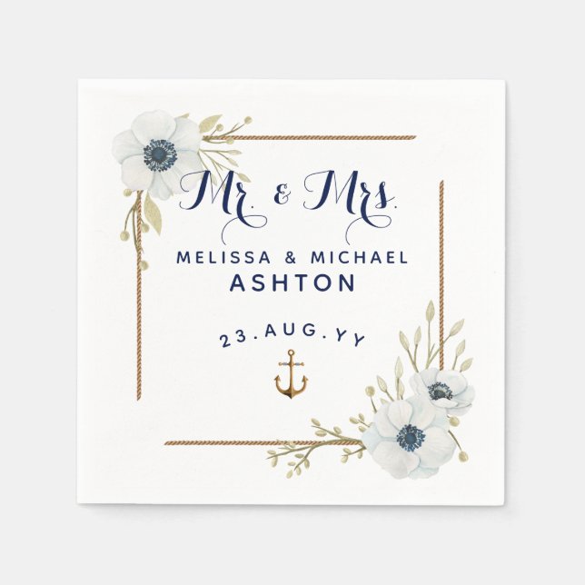 Nautic Navy Blue & White Anemone Dated Wedding Serviette (Vorderseite)