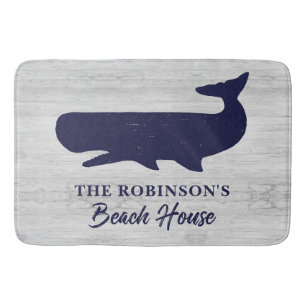Nautic Navy Blue White Family Name Rustic Whale Badematte
