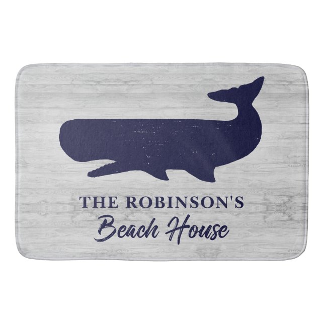 Nautic Navy Blue White Family Name Rustic Whale Badematte (Vorderseite)