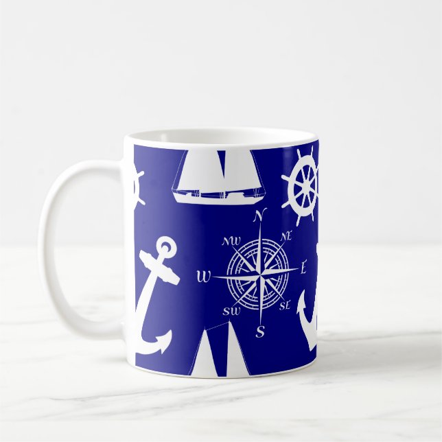 Nautic Navy Blue White Pattern Kaffeetasse (Links)
