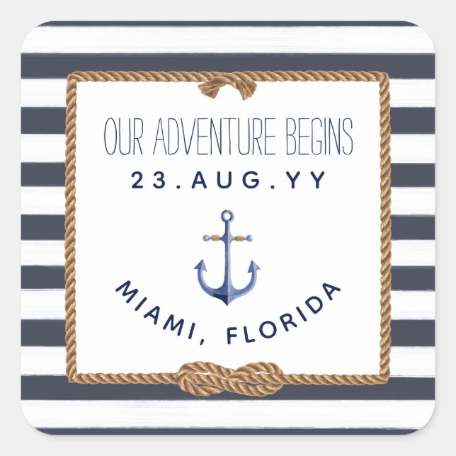Nautic Navy Blue & White Striped Wedding Quadratischer Aufkleber (Vorderseite)