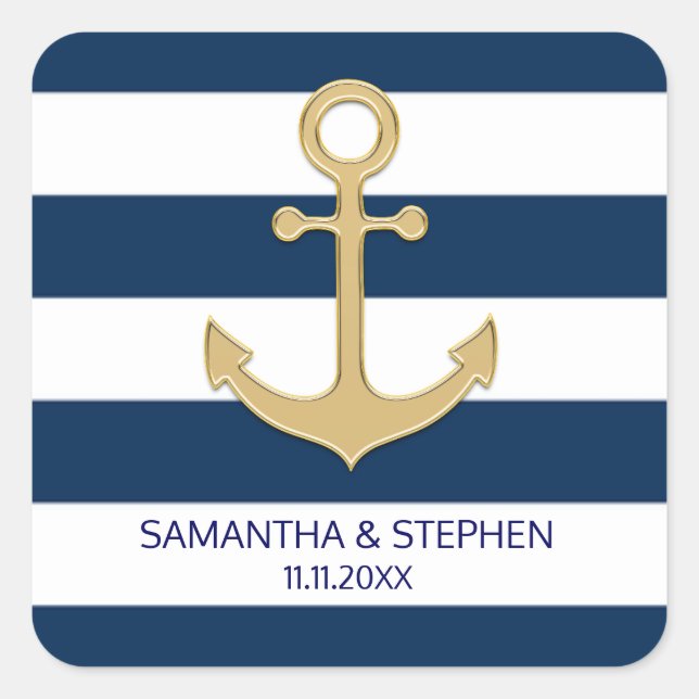 Nautic Navy Blue White Stripes Gold Anker Quadratischer Aufkleber (Vorderseite)