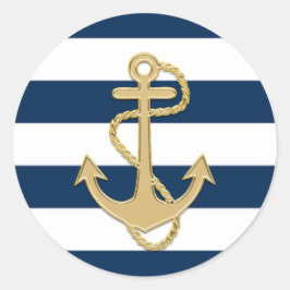 Nautic Navy Blue White Stripes Gold Anker Runder Aufkleber
