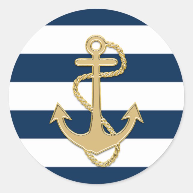 Nautic Navy Blue White Stripes Gold Anker Runder Aufkleber (Vorderseite)