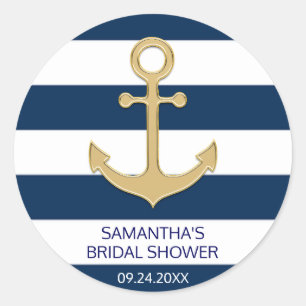 Nautic Navy Blue White Stripes Gold Anker Runder Aufkleber