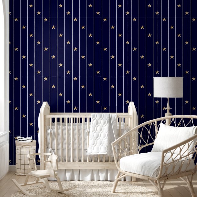 Nautic Navy Blue White Stripes Gold Stars Tapete (Kinder)