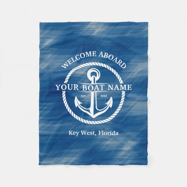 Nautic Navy Blue Willkommensschiff Name Anchor Fleecedecke (Vorderseite)