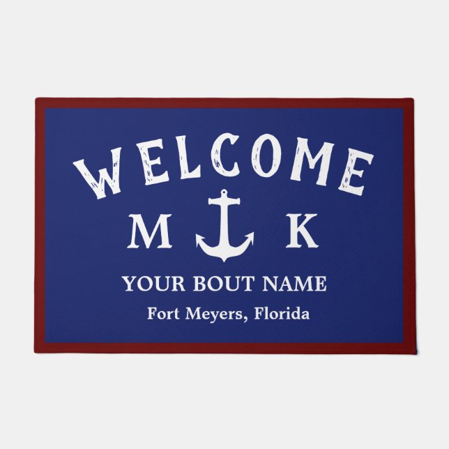 Nautic Navy Blue Willkommensschiff Name Anchor Fußmatte (Vorderseite)