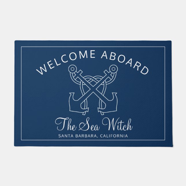 Nautic Navy Blue Willkommensschiff Name Anchor Fußmatte (Vorderseite)