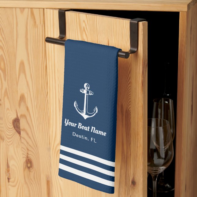 Nautic Navy Blue Willkommensschiff Name Anchor Geschirrtuch (Drittel gefaltet)