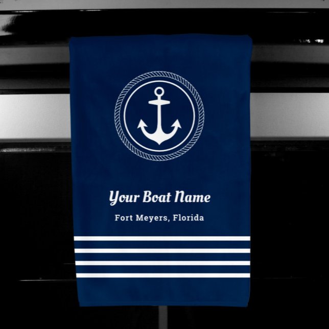 Nautic Navy Blue Willkommensschiff Name Anchor Handtuch (Von Creator hochgeladen)