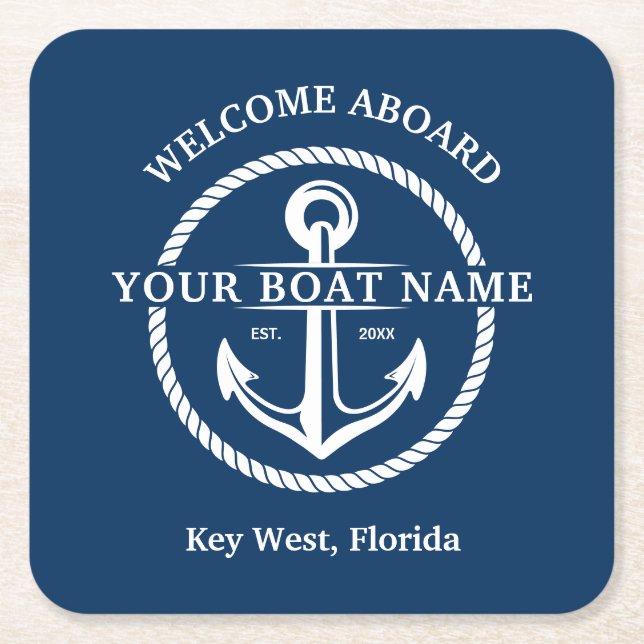 Nautic Navy Blue Willkommensschiff Name Anchor Rechteckiger Pappuntersetzer (Vorderseite)