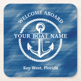 Nautic Navy Blue Willkommensschiff Name Anchor Rechteckiger Pappuntersetzer