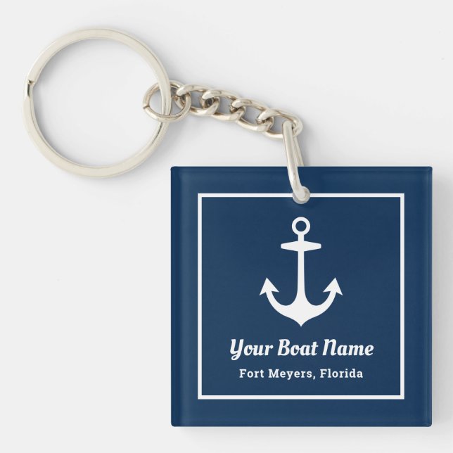 Nautic Navy Blue Willkommensschiff Name Anchor Schlüsselanhänger (Vorderseite)