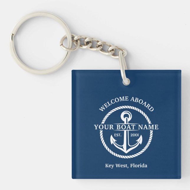 Nautic Navy Blue Willkommensschiff Name Anchor Schlüsselanhänger (Vorderseite)