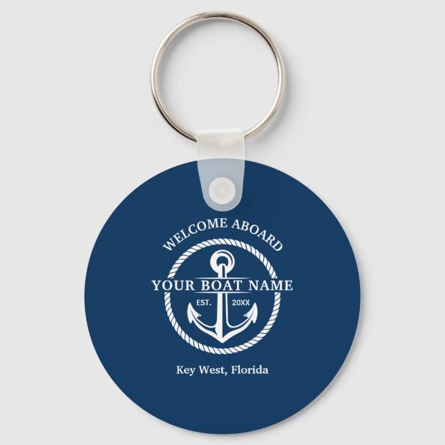 Nautic Navy Blue Willkommensschiff Name Anchor Schlüsselanhänger (Vorderseite)