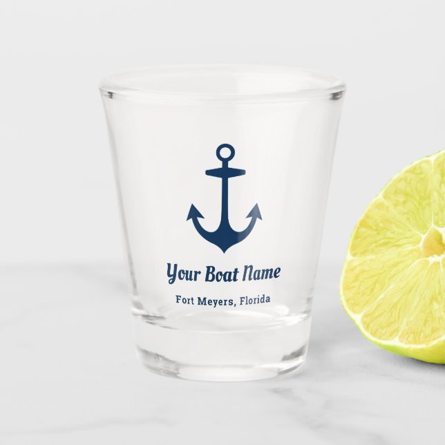 Nautic Navy Blue Willkommensschiff Name Anchor Schnapsglas (Vorderseite)