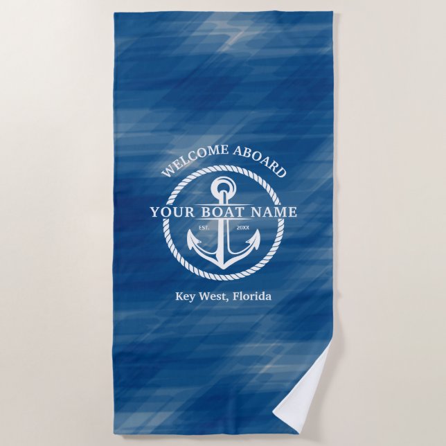 Nautic Navy Blue Willkommensschiff Name Anchor Strandtuch (Vorderseite)
